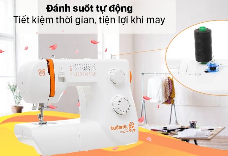 Máy may cơ gia đình Butterfly JH5823A có hệ thống máy đánh không ngừng, giúp tiết kiệm thời gian và công sức khi may