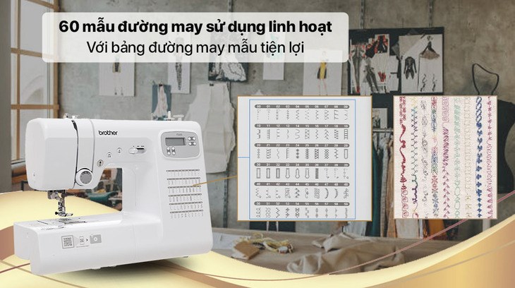 Máy may điện tử gia đình Brother FS60X được tích hợp 60 mẫu đường may tiện lợi cho bạn thỏa sức sáng tạo