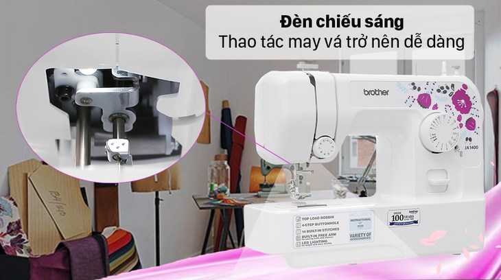 Máy may cơ gia đình Brother JA1400 giúp tạo đường may chuẩn đẹp nhờ đèn LED chiếu sáng rõ vùng may