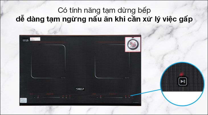 Bếp từ đôi lắp âm Chef's EH-DIH32 được tích hợp chức năng Pause cho phép bạn dừng bếp tạm thời khi có việc bận, tránh làm cháy khét món ăn