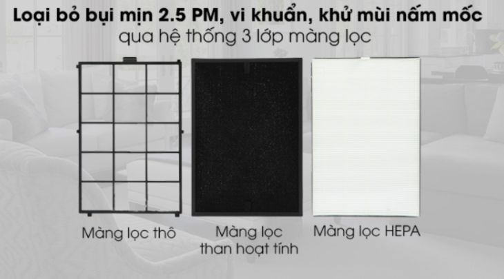 Máy lọc không khí Cuckoo trang bị hệ thống ba màng lọc giúp lọc sạch hiệu quả nhiều loại bụi bẩn khác nhau