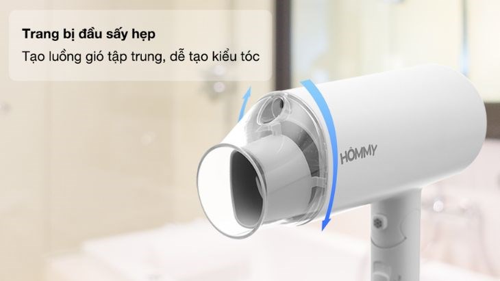 Máy sấy tóc 1800W Hommy PH6870 được trang bị đầu sấy hẹp tiện lợi giúp làm khô tóc nhanh chóng