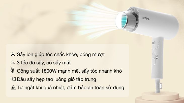 Máy sấy tóc 1800W Hommy PH6870 phù hợp với mọi đối tượng