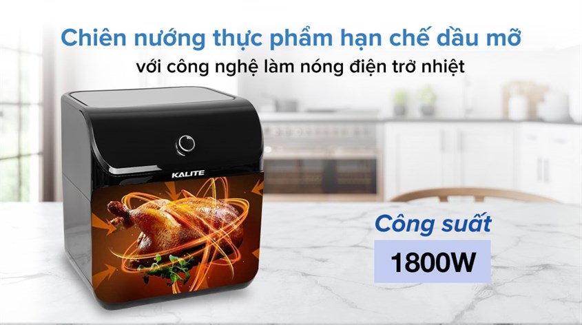 Lò chiên không dầu Kalite Q12 12 lít với công suất lên đến 1800W giúp chiên nướng thực phẩm một cách dễ dàng