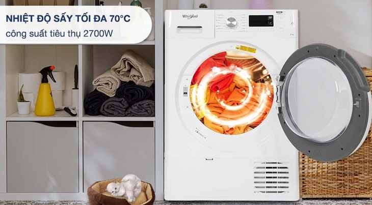 Máy sấy ngưng tụ Whirlpool 8 kg FFTCM118XB EE có nhiệt độ sấy đến 70°C hỗ trợ sấy khô quần áo nhanh chóng