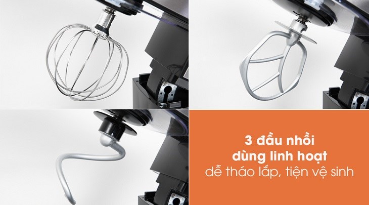 Máy nhồi bột đánh trứng Unie EM2 được trang bị 3 đầu nhồi, dễ tháo lắp và vệ sinh