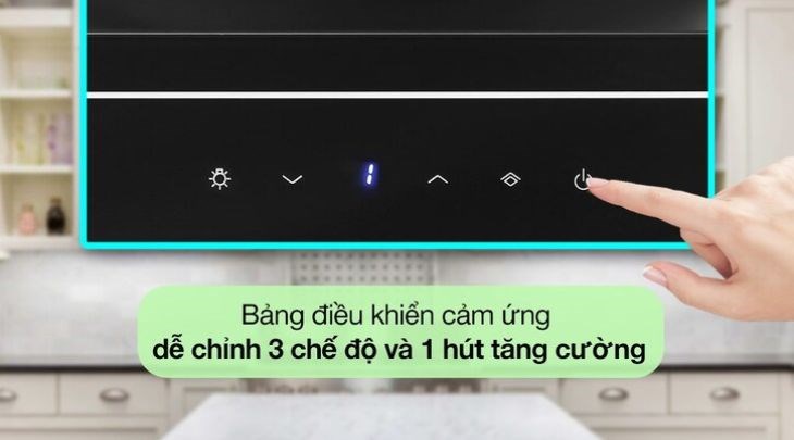 Máy hút mùi trang bị bảng điều khiển cảm ứng hiện đại giúp người dùng điều khiển linh hoạt