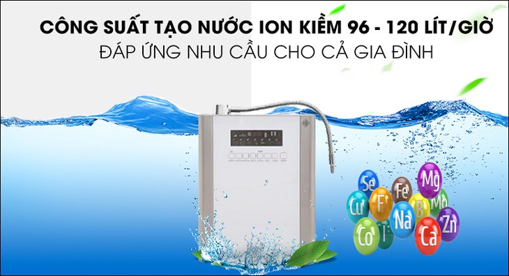 Máy lọc nước ion kiềm IONPIA 5250 5 lõi 5 tấm điện cực có thể đáp ứng nhu cầu sử dụng của cả gia đình với công suất tạo nước ion kiềm lên đến 96 - 120 lít/giờ
