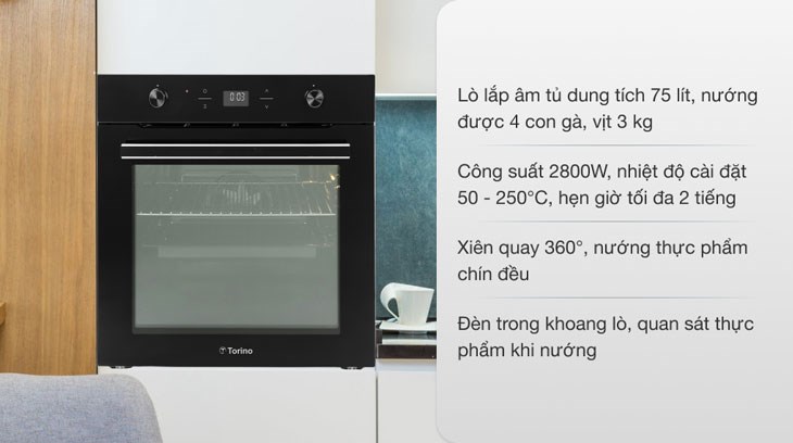 Lò nướng âm tủ Torino TSS0101 75 lít được trang bị tính năng hẹn giờ nấu tiện dụng, giúp bạn tiết kiệm công sức