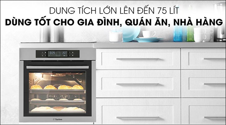 Lò nướng âm tủ Torino T0B10FCP-2SV 75 lít có dung tích 72 lít, đáp ứng được nhu cầu nấu nướng của gia đình đông người, quán ăn, khách sạn,...