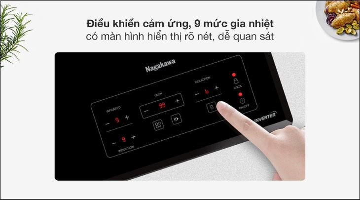 Bếp từ hồng ngoại ba vùng nấu Nagakawa NAG1253M trang bị điều khiển cảm ứng với 9 mức gia nhiệt