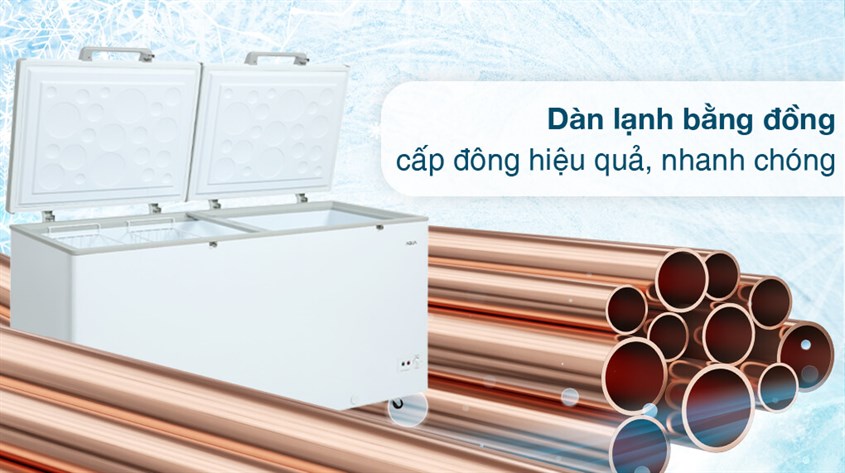 Tủ đông AQUA Inverter 508 lít AQF-C6901E sở hữu dàn lạnh bằng đồng tăng cường tốc độ cấp đông cho thực phẩm, từ đó tiết kiệm được thời gian hơn.