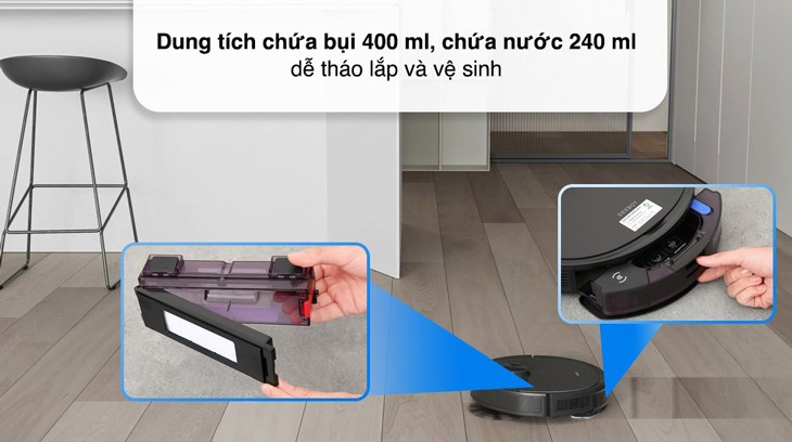 Robot hút bụi lau nhà Ecovacs Deebot T9 AIVI Plus có dung tích hộp chứa bụi là 400ml, giúp chứa được nhiều bụi bẩn hơn trong một lần dọn dẹp