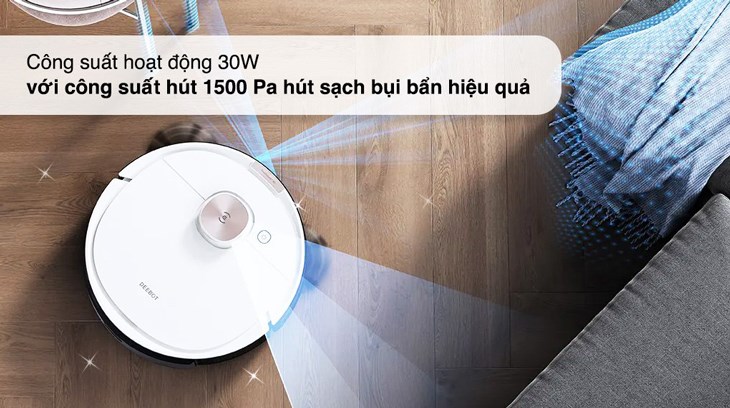 Robot hút bụi lau nhà Ecovacs Deebot T8 Max Plus có công suất 30W, lực hút 1500Pa, quét sạch mọi bụi bẩn và rác thải trên lộ trình làm việc một cách dễ dàng