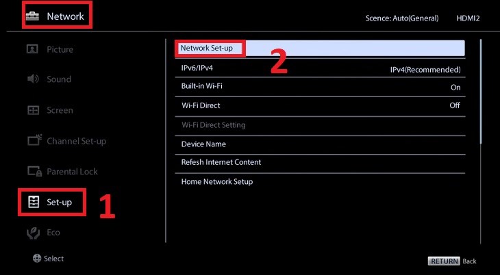 Nhấn nút HOME trên remote tivi > chọn Settings (Cài đặt) > chọn Network (Mạng) > chọn Network setup (Thiết lập mạng)