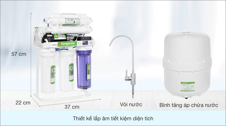 Bình áp trên máy lọc nước RO Kangaroo Hydrogen KGRP09HQ 9 lõi có dạng hình trụ, phủ gam màu trắng với dung tích 10 lít