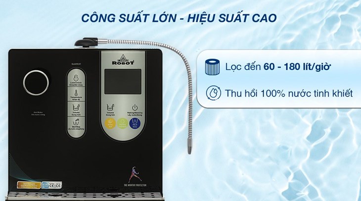 Máy lọc nước điện giải ion kiềm nóng nguội Robot IonSmart 38X 2 lõi 3 tấm điện cực có công suất lọc 60 - 180 lít/giờ, cho khả năng thu hồi 100% nước tinh khiết