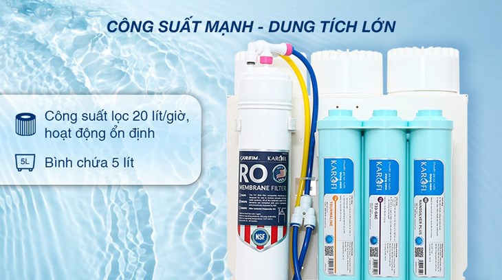 Máy lọc nước RO âm tủ Karofi KAQ-U06 10 lõi có công suất lọc 20 lít/giờ, đem đến nguồn nước sạch đủ dùng cho các hộ gia đình