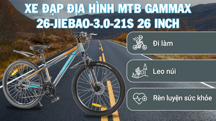 Xe Đạp Địa Hình MTB Gammax 26-Jiebao-3.0-21S 26 inch có khối lượng 20.5 kg phù hợp với các hoạt động rèn luyện thể thao, hạn chế tình trạng thoái hóa xương khớp 