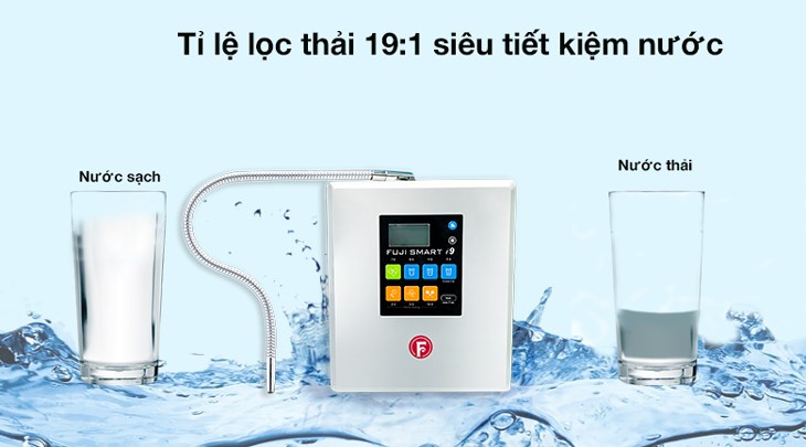 Máy lọc nước ion kiềm Fuji Smart i9 10 tấm điện cực có tỷ lệ lọc thải 19/1, siêu tiết kiệm nước