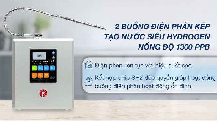 Máy lọc nước ion kiềm Fuji Smart i9 10 tấm điện cực được trang bị công nghệ Siêu Hydro độc quyền, tạo ra nguồn nước với nồng độ Hydro cao, tốt cho sức khỏe