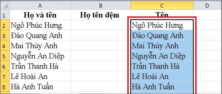 Điền tên họ tương ứng với tên ở ô A2 