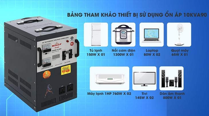 Ổn áp Robot 1 pha 10KVA 90 có khả năng tự động điều chỉnh điện thế, phù hợp với mọi thiết bị điện tử