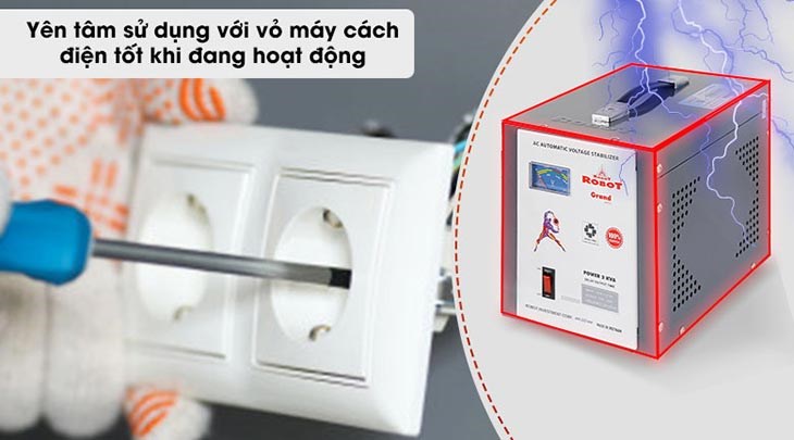 Ổn áp Robot 1 pha 2KVA 140 trang bị lớp vỏ cách điện tốt giúp yên tâm sử dụng, giảm thiểu điện giật