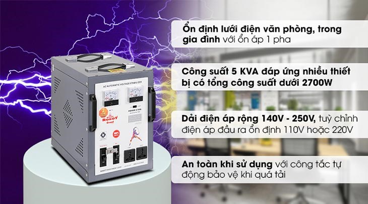 Ổn áp Robot 1 pha 5KVA 140 có khả năng ổn định mạng lưới điện ở văn phòng, gia đình nhờ sử dụng ổn áp 1 pha 