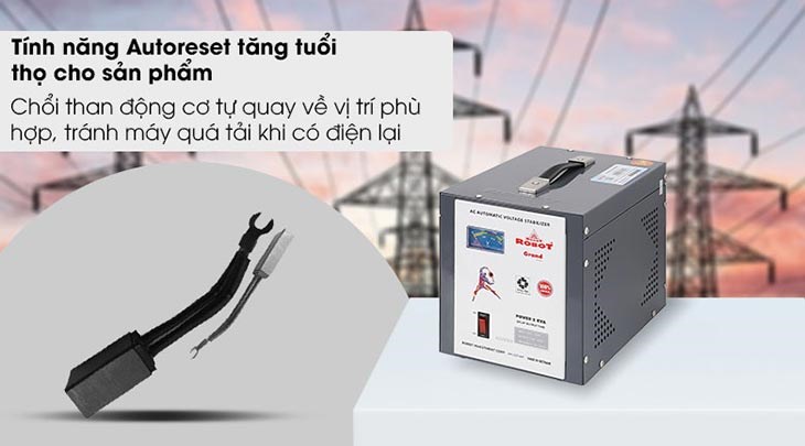Ổn áp Robot 1 pha 2KVA 90 trang bị tính năng Autoreset hiện đại giúp tăng độ bền cho máy