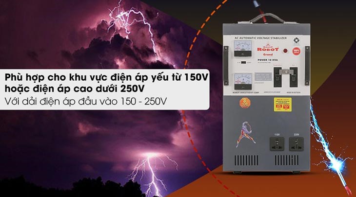 Ổn áp Robot 1 pha 10KVA 150 có dải điện áp đầu vào thích hợp cho những nơi có điện áp yếu từ 150V hoặc điện áp quá cao dưới 250V