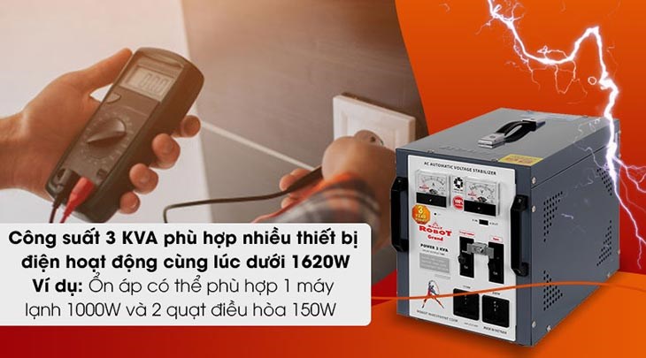 Ổn áp Robot 1 pha 3KVA 90 đáp ứng nhu cầu sử dụng điện của nhiều thiết bị cùng lúc với công suất 3KVA