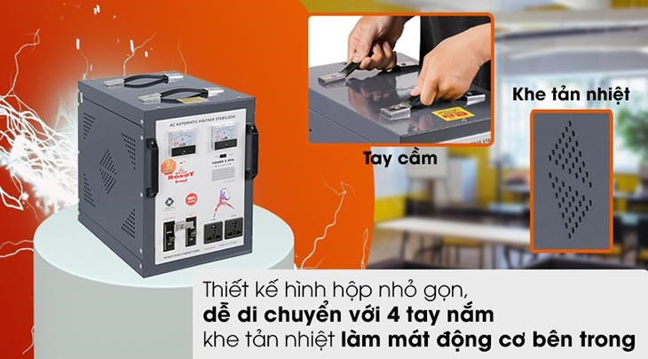 Ổn áp Robot 1 pha 5KVA 90 có thiết kế dạng hộp nhỏ gọn, dễ dàng lắp đặt, không tốn nhiều diện tích