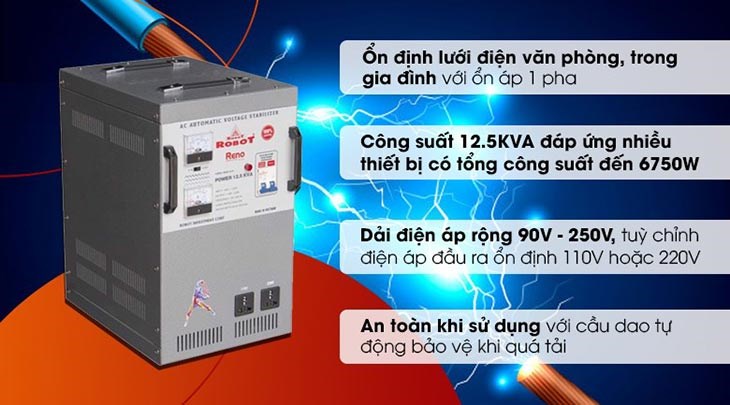 Ổn áp Robot 1 pha 12.5KVA 90 tích hợp nhiều ưu điểm nổi bật, phục vụ tốt nhu cầu sử dụng
