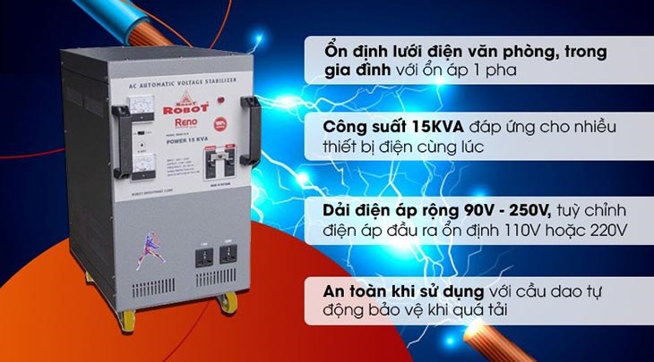 Ổn áp Robot 1 pha 15KVA 90 có giá 19.130.000 đồng (cập nhật tháng 05/2023, có thể thay đổi theo thời gian)