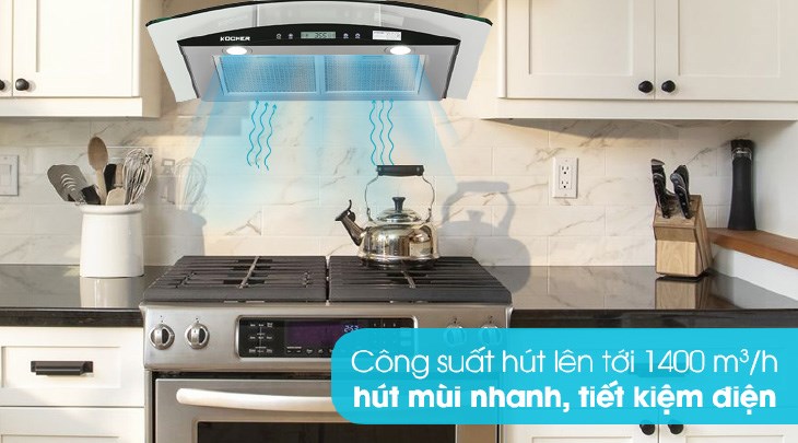 Máy hút mùi kính cong Kocher K-228S hoạt động mạnh mẽ, hút sạch khói làm giảm hơi nóng trong không khí