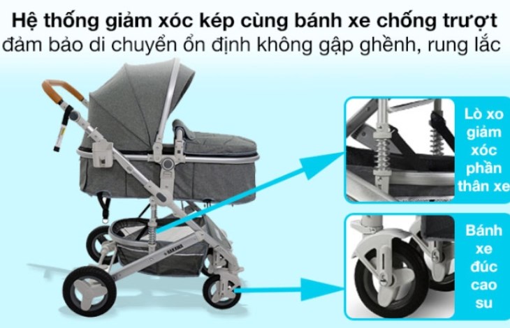 Bé sẽ luôn được thoải mái và dễ chịu khi di chuyển trên mọi địa hình nhờ hệ thống giảm xóc của xe đẩy