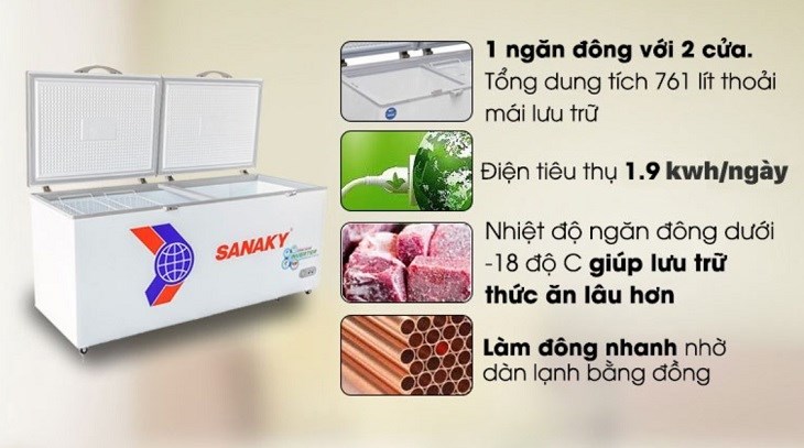 Sanaky Inverter 761-liter freezer turns into a refrigerator with many outstanding advantages, meeting the storage needs of a large amount of food with a capacity of 761 liters
