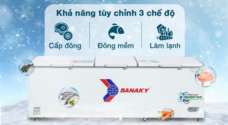 Tủ đông Sanaky Inverter 900 lít VH-1199HY3 có thể tùy chỉnh 3 chế độ làm lạnh phù hợp cho nhu cầu sử dụng