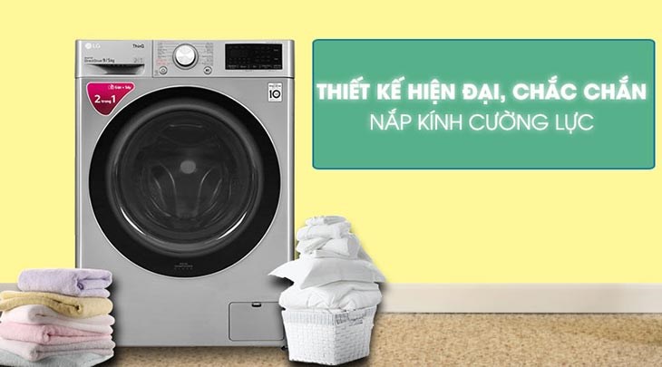 Máy giặt sấy LG Inverter 9 kg FV1409G4V có thiết kế nhỏ gọn, hiện đại và nắp kính chịu lực sang trọng