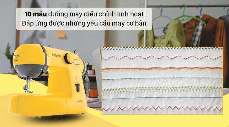 Máy may cơ gia đình Butterfly JHQ3010 Vàng tích hợp 10 mẫu đường may giúp đáp ứng những nhu cầu may của bạn