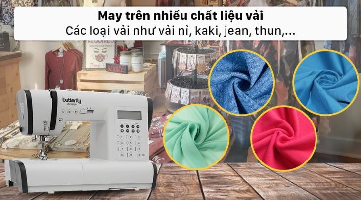 Máy may điện tử gia đình Butterfly JD1197LB có thể may được trên nhiều loại vải với giá 3.805.000 VNĐ (giá cập nhật 02/02/2023 và có thể thay đổi theo thời gian)