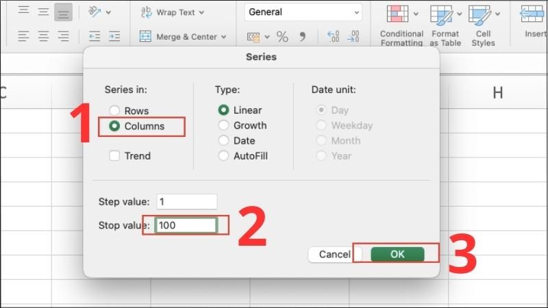 Ở mục Series in, chọn Columns. Ở mục Stop Value, chọn số muốn kết thúc