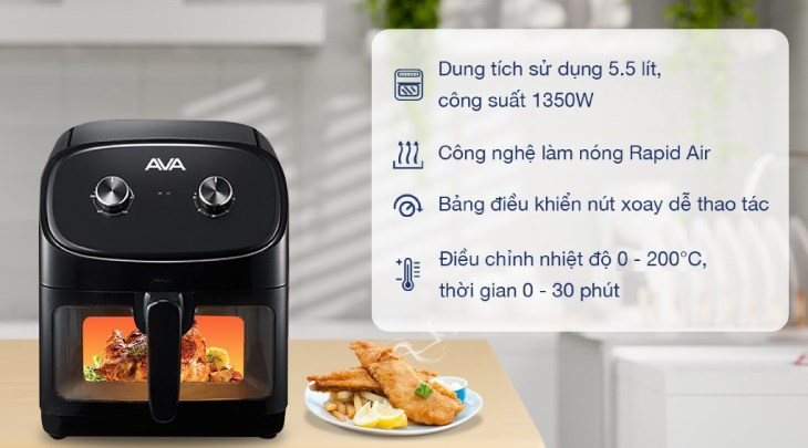 Nồi chiên không dầu AVA 55K07A 5.5 lít có màu đen sang trọng, dễ bố trí ở nhiều nơi trong bếp