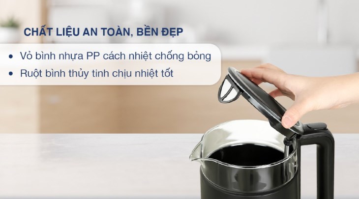 Bình đun siêu tốc Sunhouse Mama 1.7 lít SHD1330 có ruột bình làm từ thủy tinh cao cấp, an toàn khi sử dụng