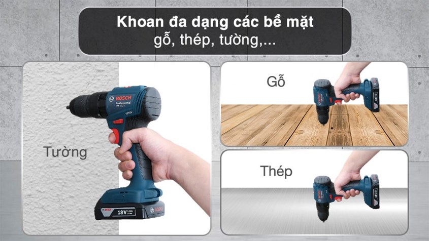 Máy khoan vặn vít pin Bosch GSB 185-LI 18V có chế độ khoan búa giúp khoan đục được trên bề mặt cứng như bê tông