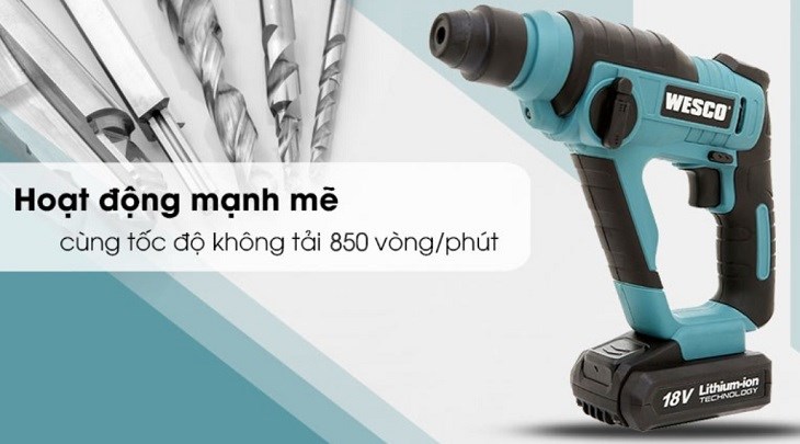 Máy khoan búa pin Wesco WS2940K2 18V có khả năng khoan đục trên bề mặt cứng với tốc độ không tải 850 vòng/phút