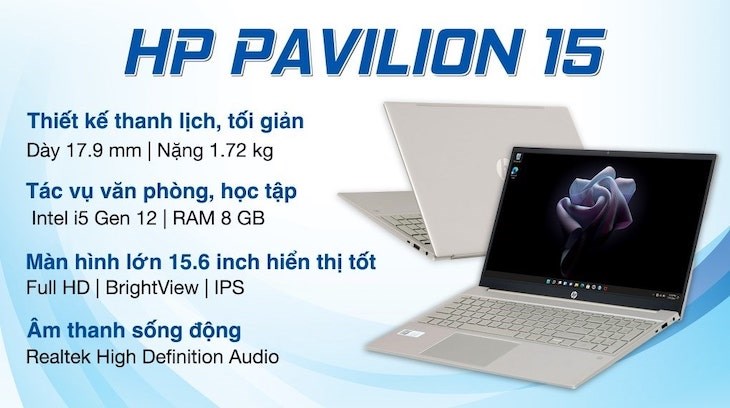 Laptop HP Pavilion 15 eg2082TU i5 1240P/8GB/512GB/Win11 (7C0Q5PA) có thiết kế gọn nhẹ và nhiều tiện ích đi kèm