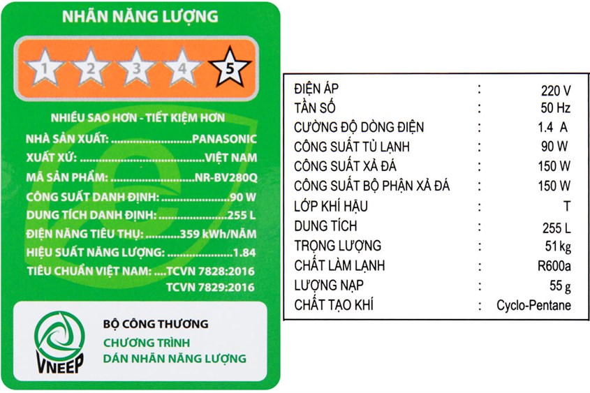 Tủ lạnh Panasonic Inverter 255 lít NR-BV280QSVN có điện năng tiêu thụ được ghi trên nhãn là 359 kWh/NĂM