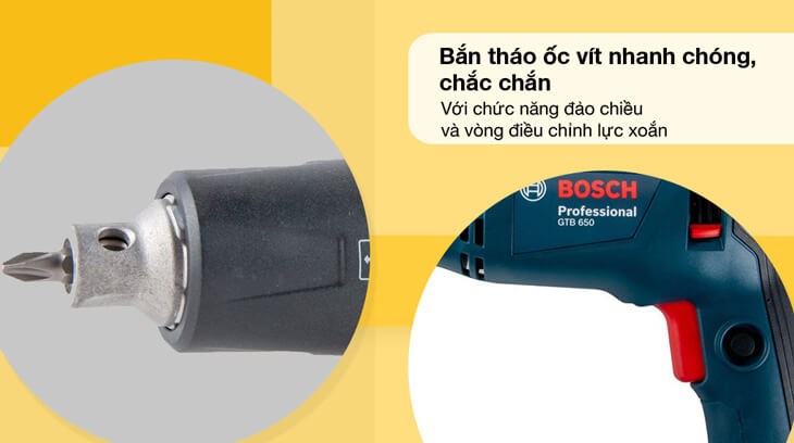 Máy vặn vít điện Bosch GTB 650 650W có chức năng đảo chiều khoan hỗ trợ siết tháo ốc vít và lấy mũi khoan dễ dàng